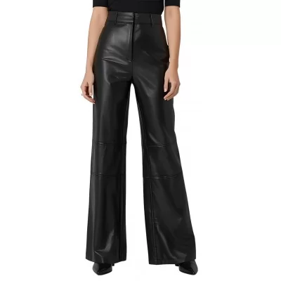 Pantalon femme taille haute en cuir d'agneau noir coupe évasée modèle Kandizia