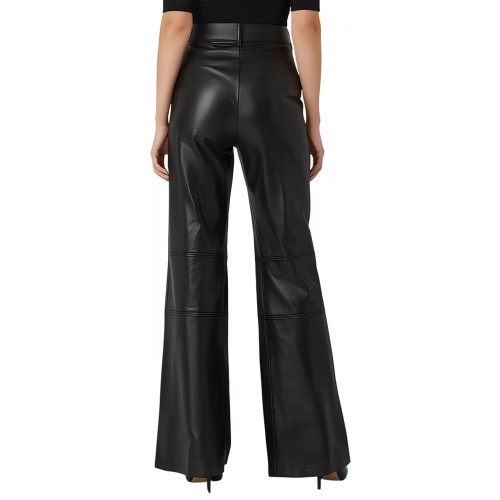 Pantalon femme taille haute en cuir d'agneau noir coupe évasée modèle Kandizia