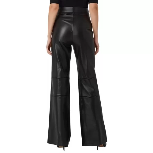 Pantalon femme taille haute en cuir d'agneau noir coupe évasée modèle Kandizia