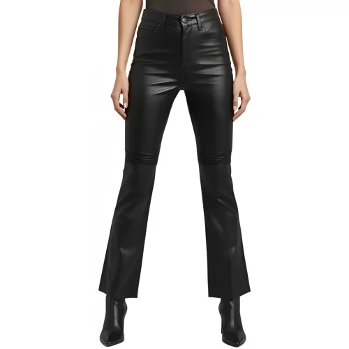 Pantalon femme taille haute en cuir d'agneau noir bas évasée modèle Heleorona