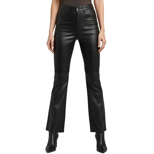 Pantalon femme taille haute en cuir d'agneau noir bas évasée modèle Heleorona