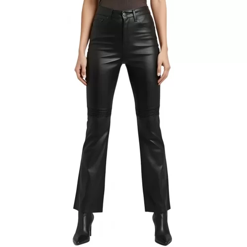 Pantalon femme taille haute en cuir d'agneau noir bas évasée modèle Heleorona