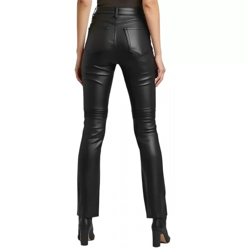 Pantalon femme taille haute en cuir d'agneau noir bas évasée modèle Heleorona