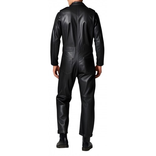 COMBINAISON HOMME EN CUIR D'AGNEAU NOIR MODELE STYLE ARMEE BARNOME