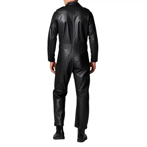 COMBINAISON HOMME EN CUIR D'AGNEAU NOIR MODELE STYLE ARMEE BARNOME