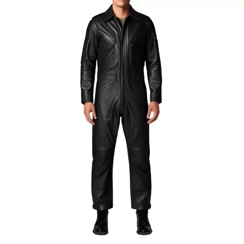 COMBINAISON HOMME EN CUIR D'AGNEAU NOIR MODELE STYLE ARMEE BARNOME