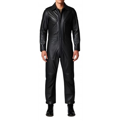 COMBINAISON HOMME EN CUIR D'AGNEAU NOIR MODELE STYLE ARMEE BARNOME