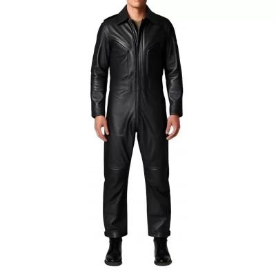 COMBINAISON HOMME EN CUIR D'AGNEAU NOIR MODELE STYLE ARMEE BARNOME