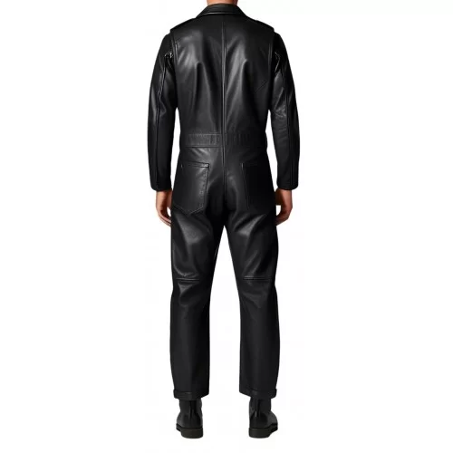 COMBINAISON HOMME EN CUIR D'AGNEAU NOIR MODELE STYLE ARMEE BARNOME