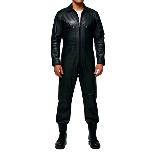 COMBINAISON HOMME EN CUIR D'AGNEAU NOIR MODELE STYLE ARMEE BARNOME