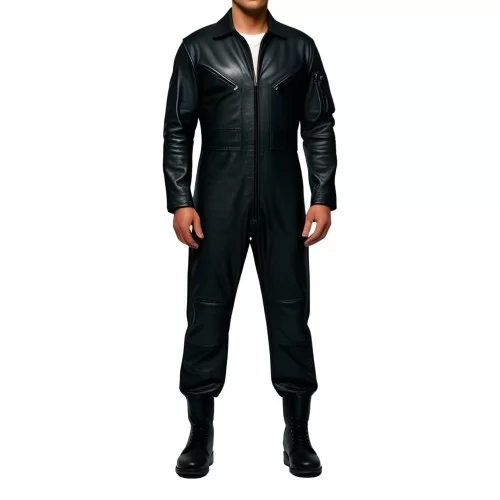 COMBINAISON HOMME EN CUIR D'AGNEAU NOIR MODELE STYLE ARMEE BARNOME