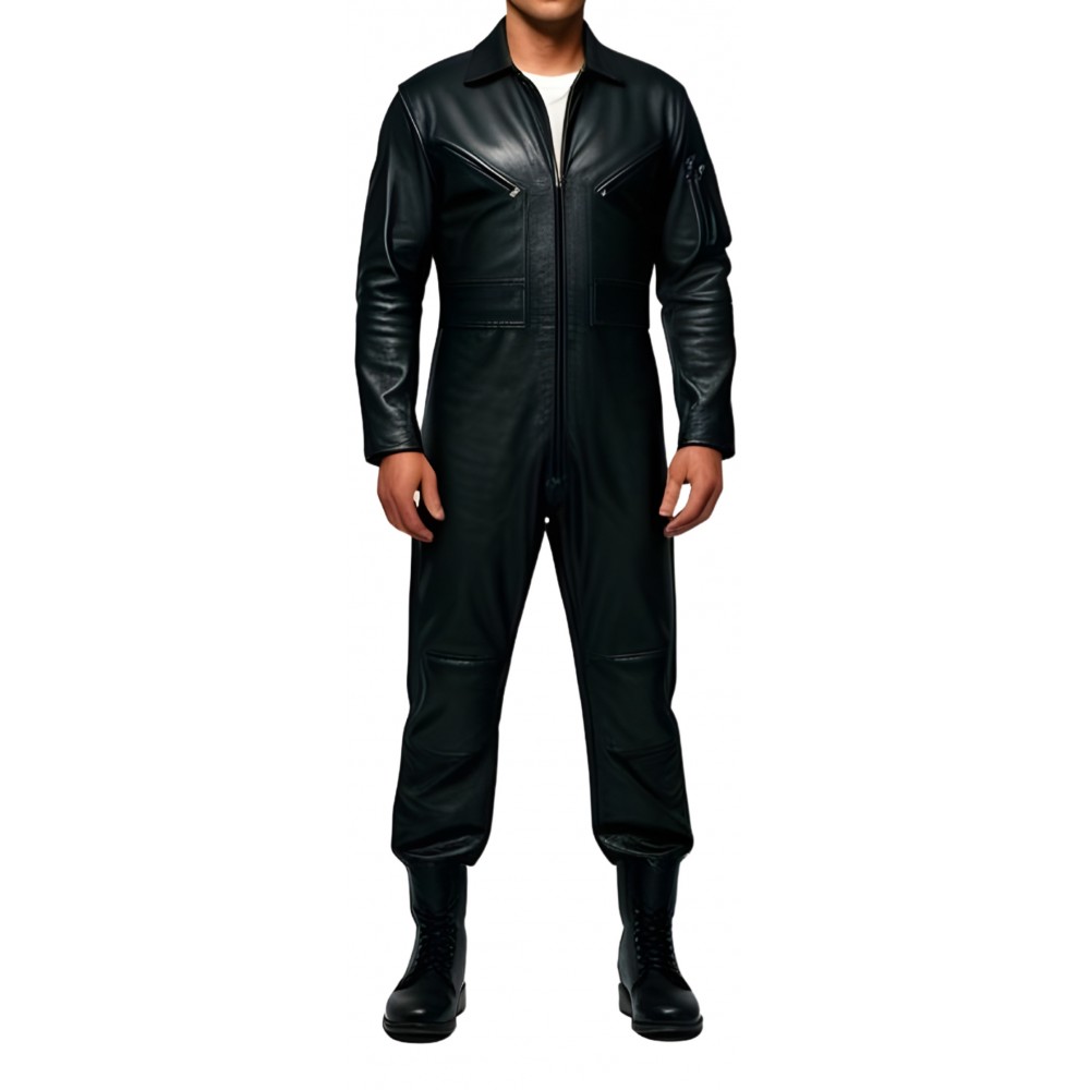 COMBINAISON HOMME EN CUIR D'AGNEAU NOIR MODELE STYLE ARMEE BARNOME