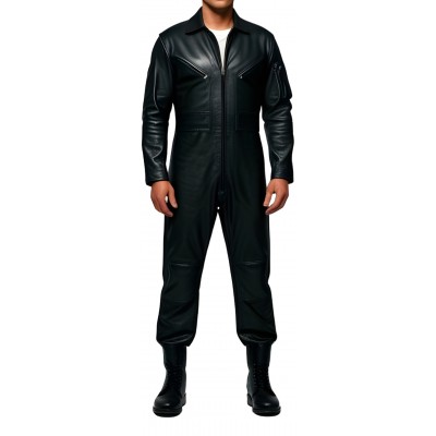 COMBINAISON HOMME EN CUIR D'AGNEAU NOIR MODELE STYLE ARMEE BARNOME