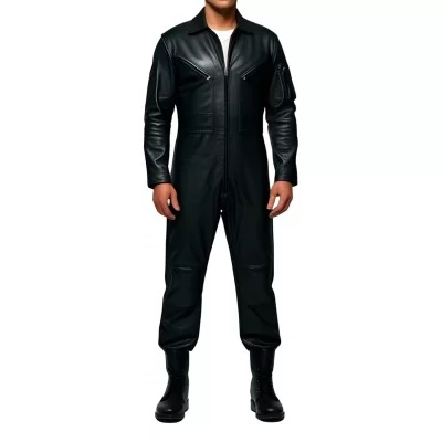 COMBINAISON HOMME EN CUIR D'AGNEAU NOIR MODELE STYLE ARMEE BARNOME