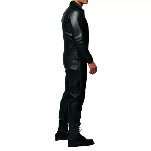 COMBINAISON HOMME EN CUIR D'AGNEAU NOIR MODELE STYLE ARMEE BARNOME
