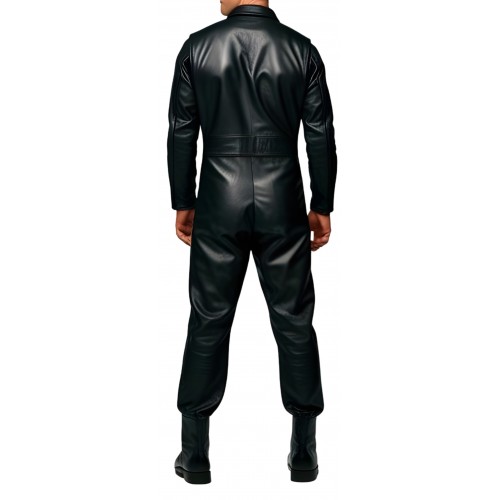 COMBINAISON HOMME EN CUIR D'AGNEAU NOIR MODELE STYLE ARMEE BARNOME