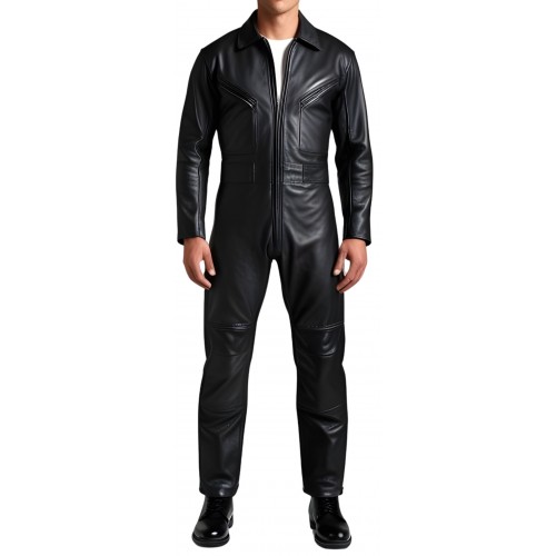 COMBINAISON HOMME EN CUIR D'AGNEAU NOIR MODELE STYLE ARMEE PEACE