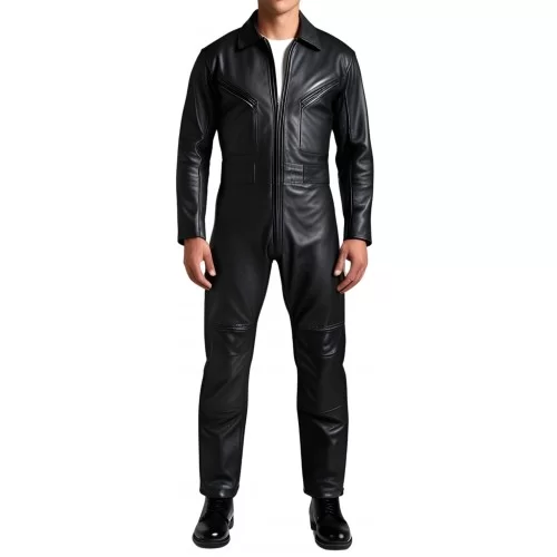 COMBINAISON HOMME EN CUIR D'AGNEAU NOIR MODELE STYLE ARMEE PEACE