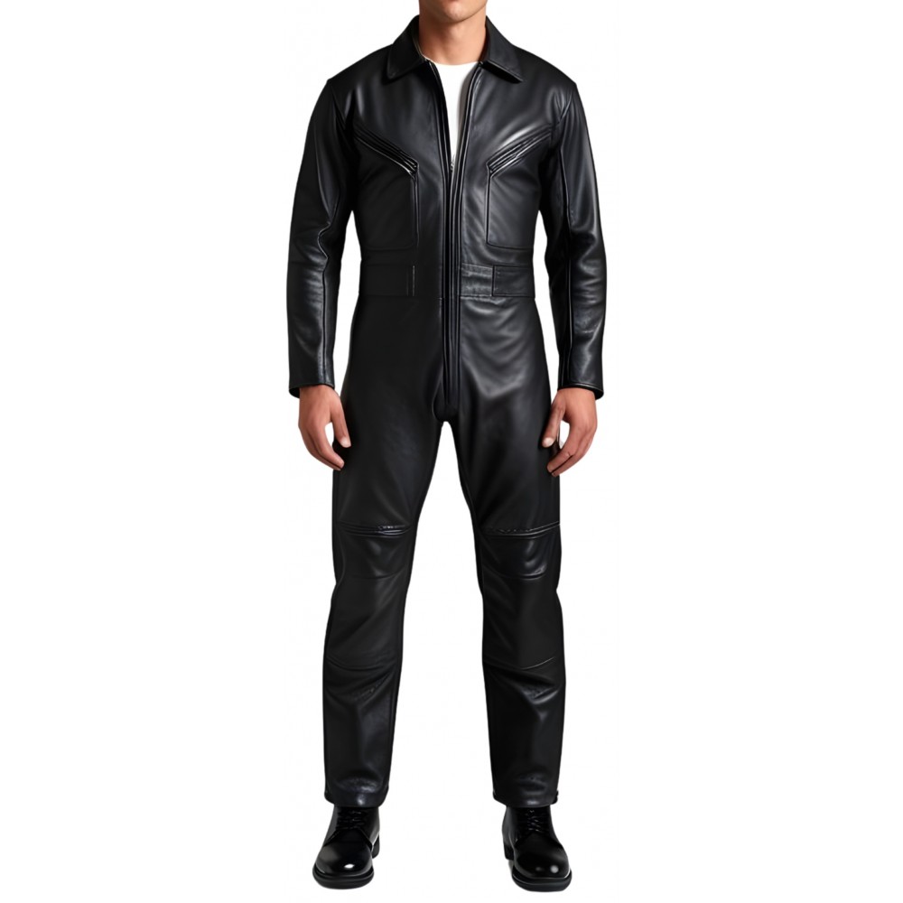 COMBINAISON HOMME EN CUIR D'AGNEAU NOIR MODELE STYLE ARMEE PEACE