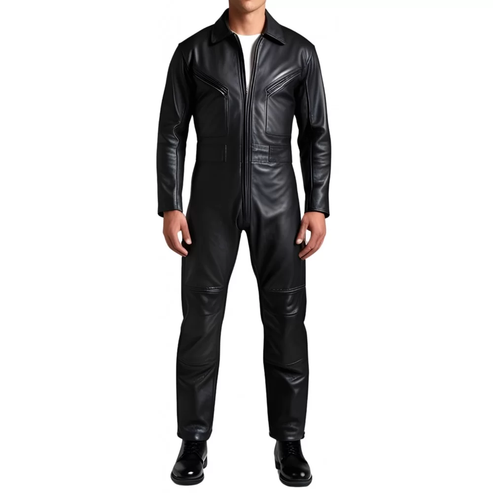 COMBINAISON HOMME EN CUIR D'AGNEAU NOIR MODELE STYLE ARMEE PEACE