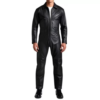 COMBINAISON HOMME EN CUIR D'AGNEAU NOIR MODELE STYLE ARMEE PEACE