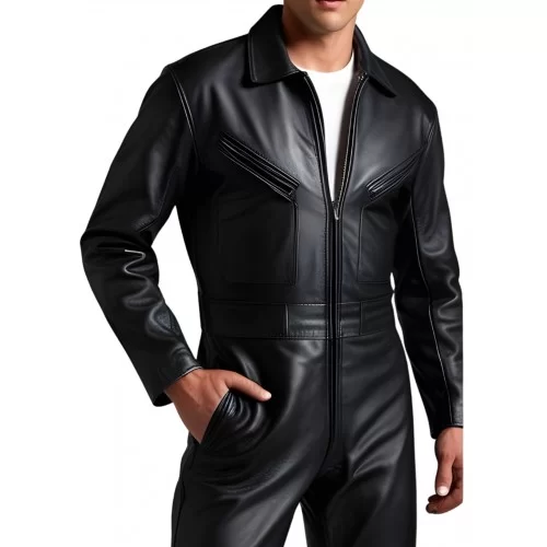 COMBINAISON HOMME EN CUIR D'AGNEAU NOIR MODELE STYLE ARMEE PEACE