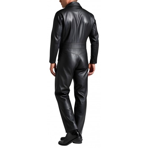 COMBINAISON HOMME EN CUIR D'AGNEAU NOIR MODELE STYLE ARMEE PEACE