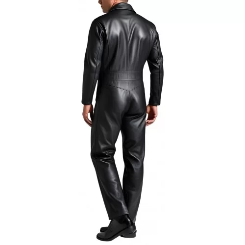 COMBINAISON HOMME EN CUIR D'AGNEAU NOIR MODELE STYLE ARMEE PEACE