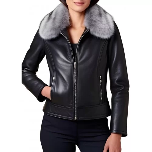 Blouson peau lainée mouton mérinos extèrieur aspect cuir huilé noir col renard argenté amovible modèle Bony