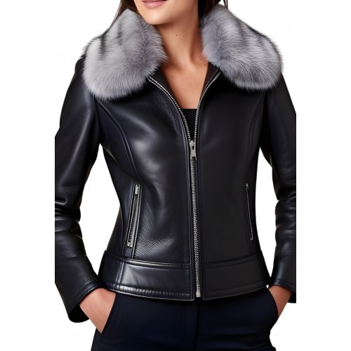 Blouson peau lainée mouton mérinos extèrieur aspect cuir huilé noir col renard argenté amovible modèle Bony