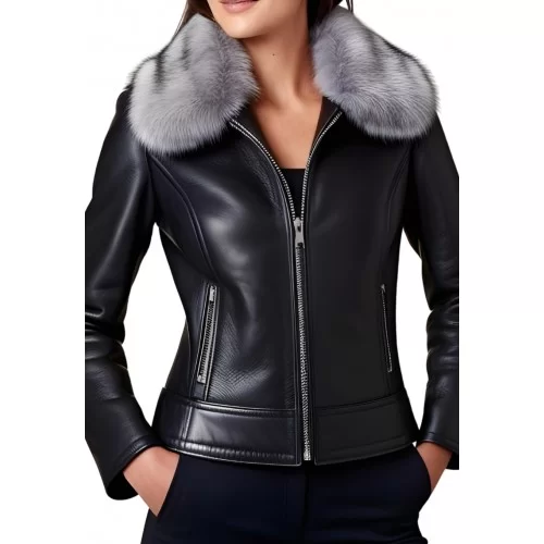 Blouson peau lainée mouton mérinos extèrieur aspect cuir huilé noir col renard argenté amovible modèle Bony