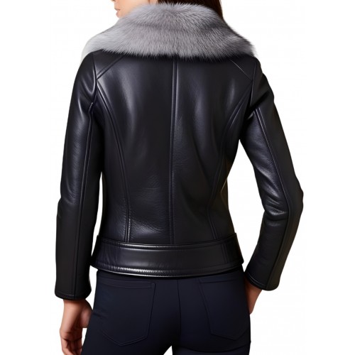 Blouson peau lainée mouton mérinos extèrieur aspect cuir huilé noir col renard argenté amovible modèle Bony