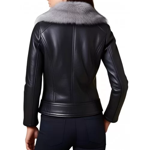 Blouson peau lainée mouton mérinos extèrieur aspect cuir huilé noir col renard argenté amovible modèle Bony