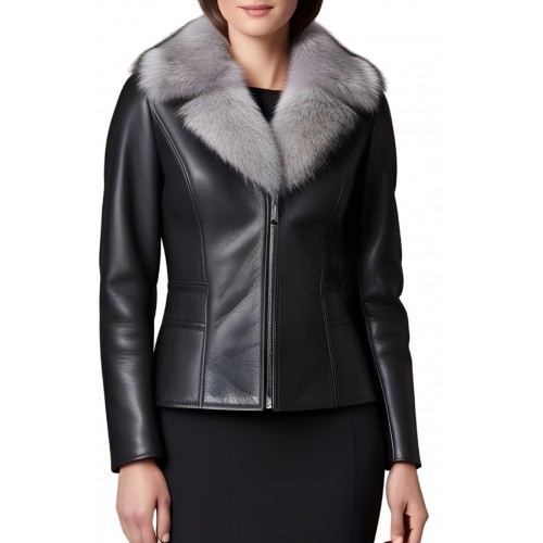 Blouson peau lainée mouton mérinos extèrieur aspect cuir huilé noir col renard argenté amovible modèle Cirly