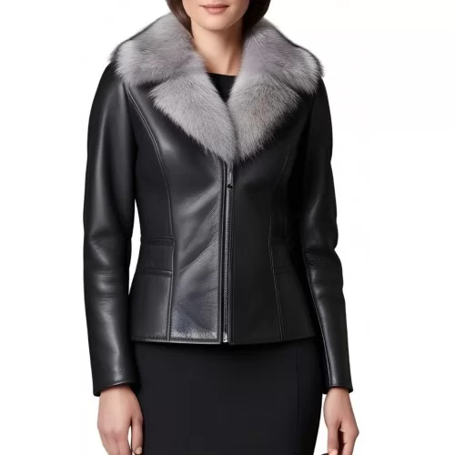 Blouson peau lainée mouton mérinos extèrieur aspect cuir huilé noir col renard argenté amovible modèle Cirly