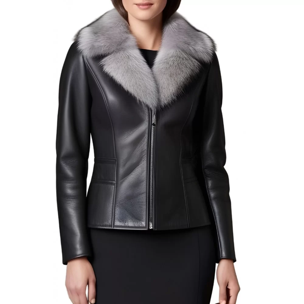 Blouson peau lainée mouton mérinos extèrieur aspect cuir huilé noir col renard argenté amovible modèle Cirly
