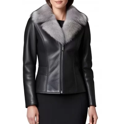 Blouson peau lainée mouton mérinos extèrieur aspect cuir huilé noir col renard argenté amovible modèle Cirly
