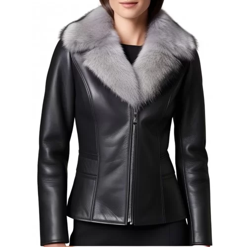 Blouson peau lainée mouton mérinos extèrieur aspect cuir huilé noir col renard argenté amovible modèle Cirly