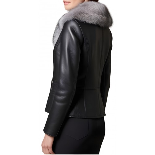 Blouson peau lainée mouton mérinos extèrieur aspect cuir huilé noir col renard argenté amovible modèle Cirly