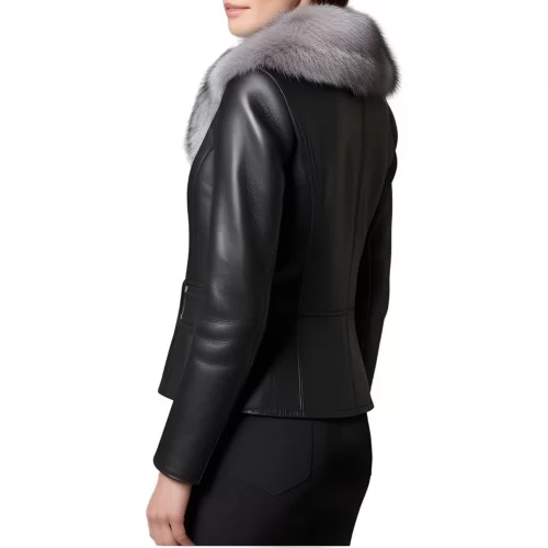Blouson peau lainée mouton mérinos extèrieur aspect cuir huilé noir col renard argenté amovible modèle Cirly