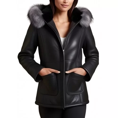 Veste en peau lainée mouton mérinos extèrieur aspect cuir huilé noir col renard argenté amovible modèle Mulina