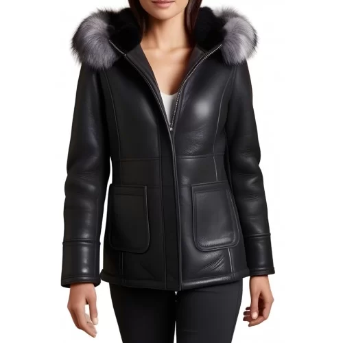 Veste en peau lainée mouton mérinos extèrieur aspect cuir huilé noir col renard argenté amovible modèle Mulina