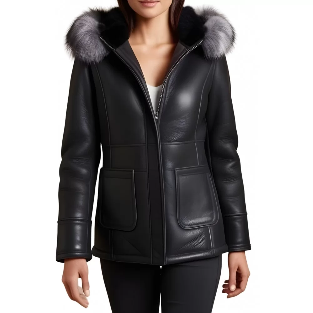 Veste en peau lainée mouton mérinos extèrieur aspect cuir huilé noir col renard argenté amovible modèle Mulina