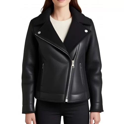 Blouson femme style perfecto en mouton retourné noir extèrieur façon cuir huilé noir modèle Arteamis