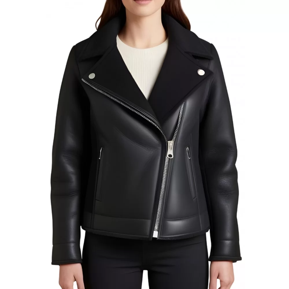 Blouson femme style perfecto en mouton retourné noir extèrieur façon cuir huilé noir modèle Arteamis Blouson femme style perfecto en mouton retourné noir extèrieur façon cuir huilé noir modèle Arteamis