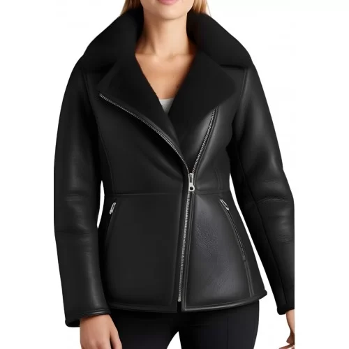 Veste femme style perfecto en mouton retourné noir extèrieur façon cuir huilé noir modèle Verny