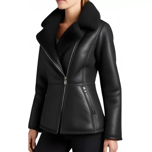 Veste femme style perfecto en mouton retourné noir extèrieur façon cuir huilé noir modèle Verny