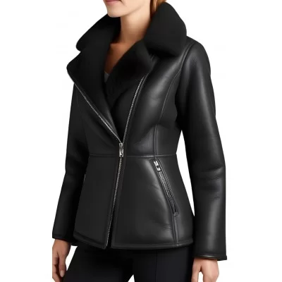 Veste femme style perfecto en mouton retourné noir extèrieur façon cuir huilé noir modèle Verny