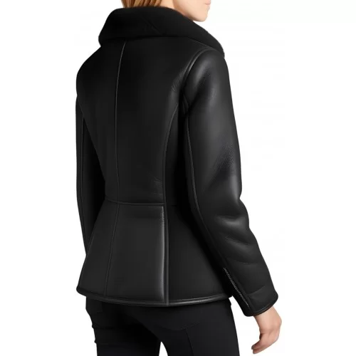 Veste femme style perfecto en mouton retourné noir extèrieur façon cuir huilé noir modèle Verny