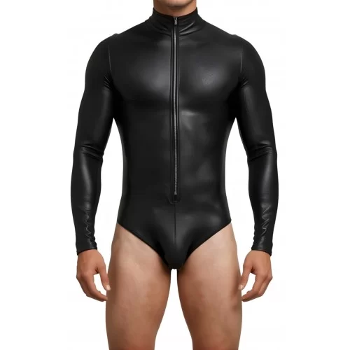 Body homme en cuir d'agneau stretch noir manches longues modèle Ronyl